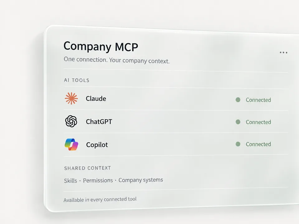 The company MCP in Deployed OS, connected to Claude, ChatGPT and Copilot, sharing skills, permissions and company systems.